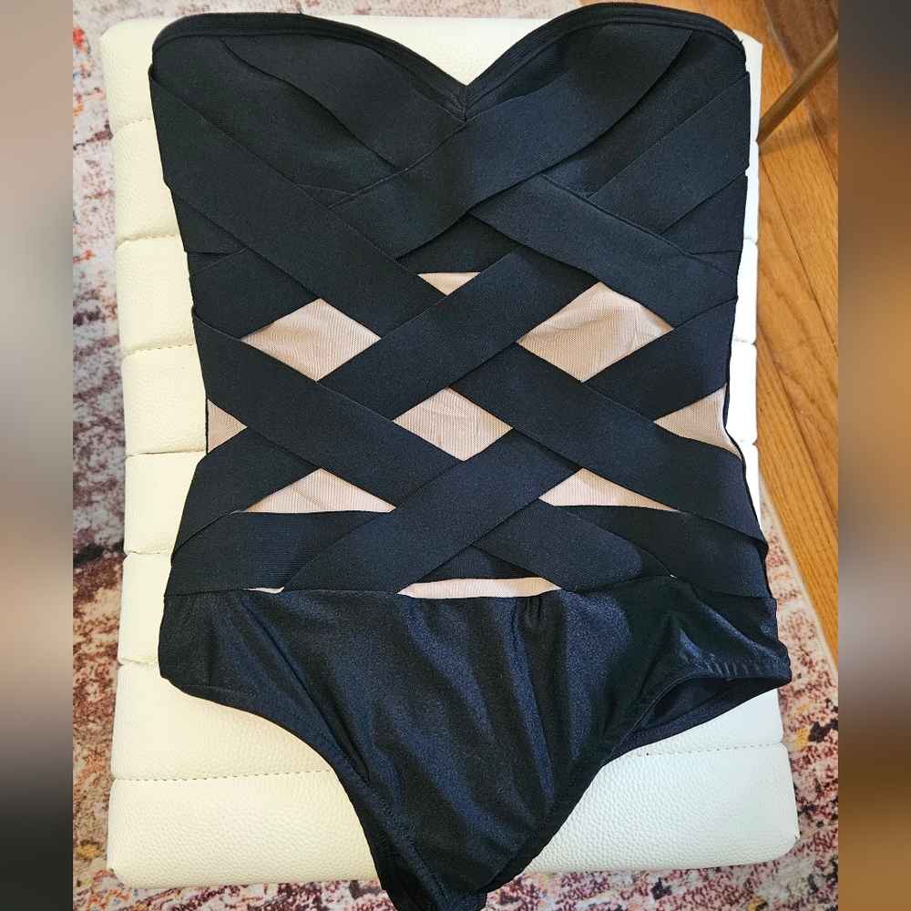 Akira Chic Black and Cream Bandage Bodysuit
